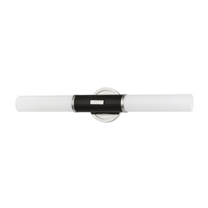 Crewe Wall Sconce 5" x 26.25" in polished nickel shown from a second angle to highlight the arm curve and shade silhouette.