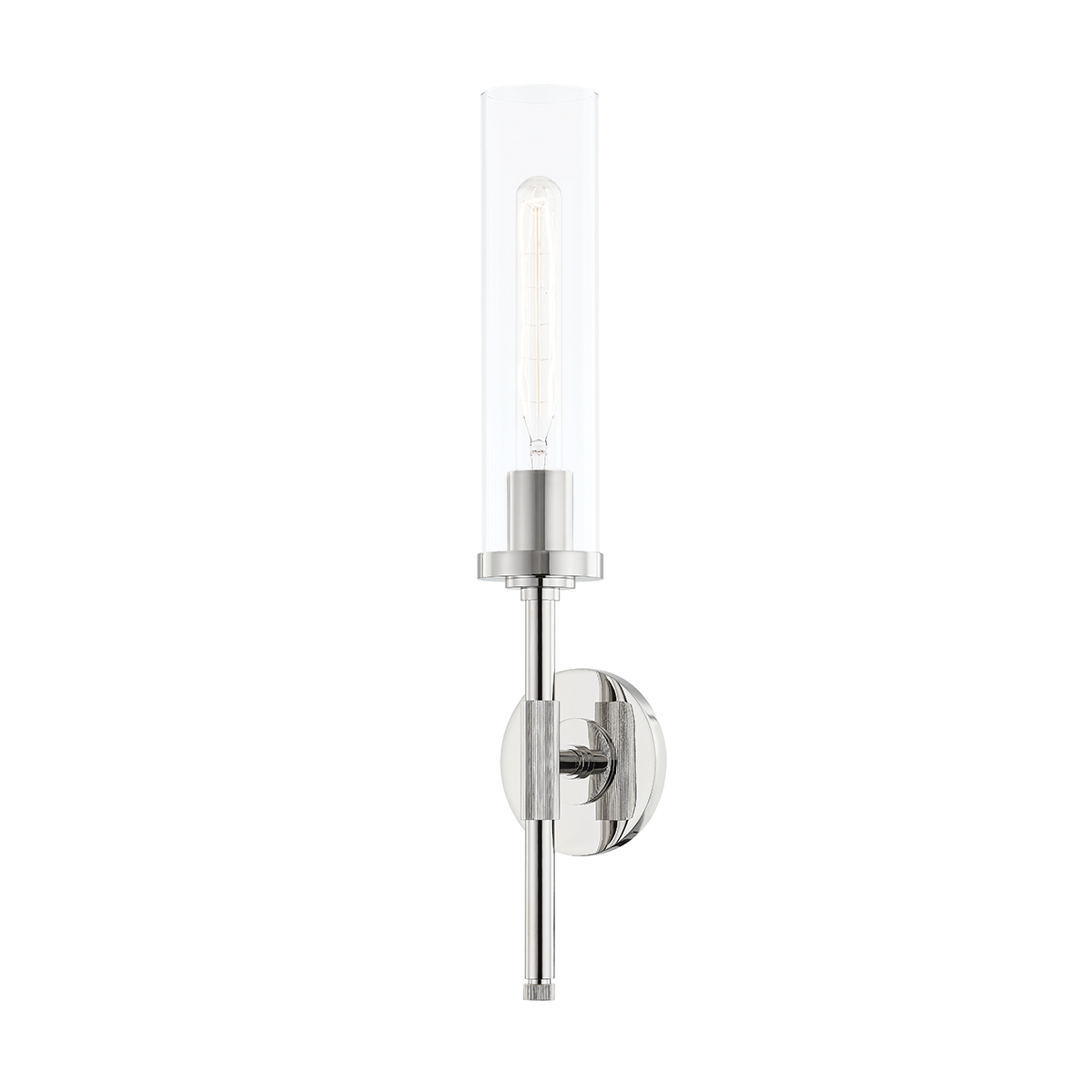 Bowery Wall Sconce 4.75" in polished nickel shown from a second angle to highlight the arm curve and shade silhouette.