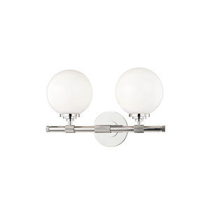Bowery Bath And Vanity 15" in polished nickel shown from a second angle to highlight the arm spread and shade silhouette.