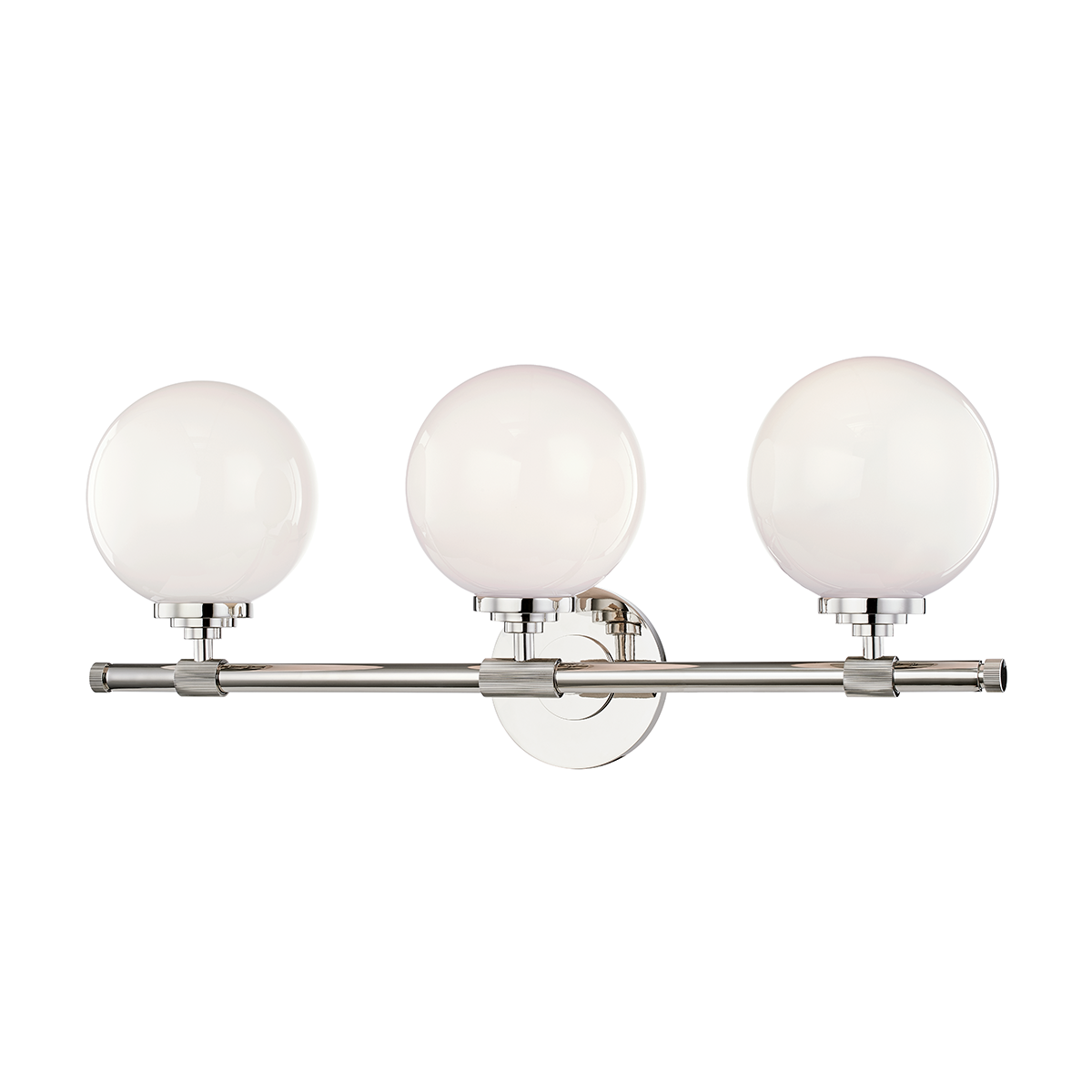 Bowery Bath And Vanity 23.75" in polished nickel shown from a second angle to highlight the arm spread and shade silhouette.