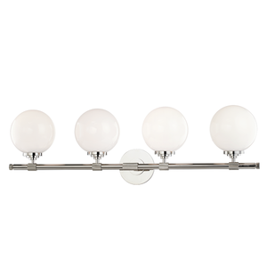 Bowery Bath And Vanity 32.75" in polished nickel shown from a second angle to highlight the arm spread and shade silhouette.