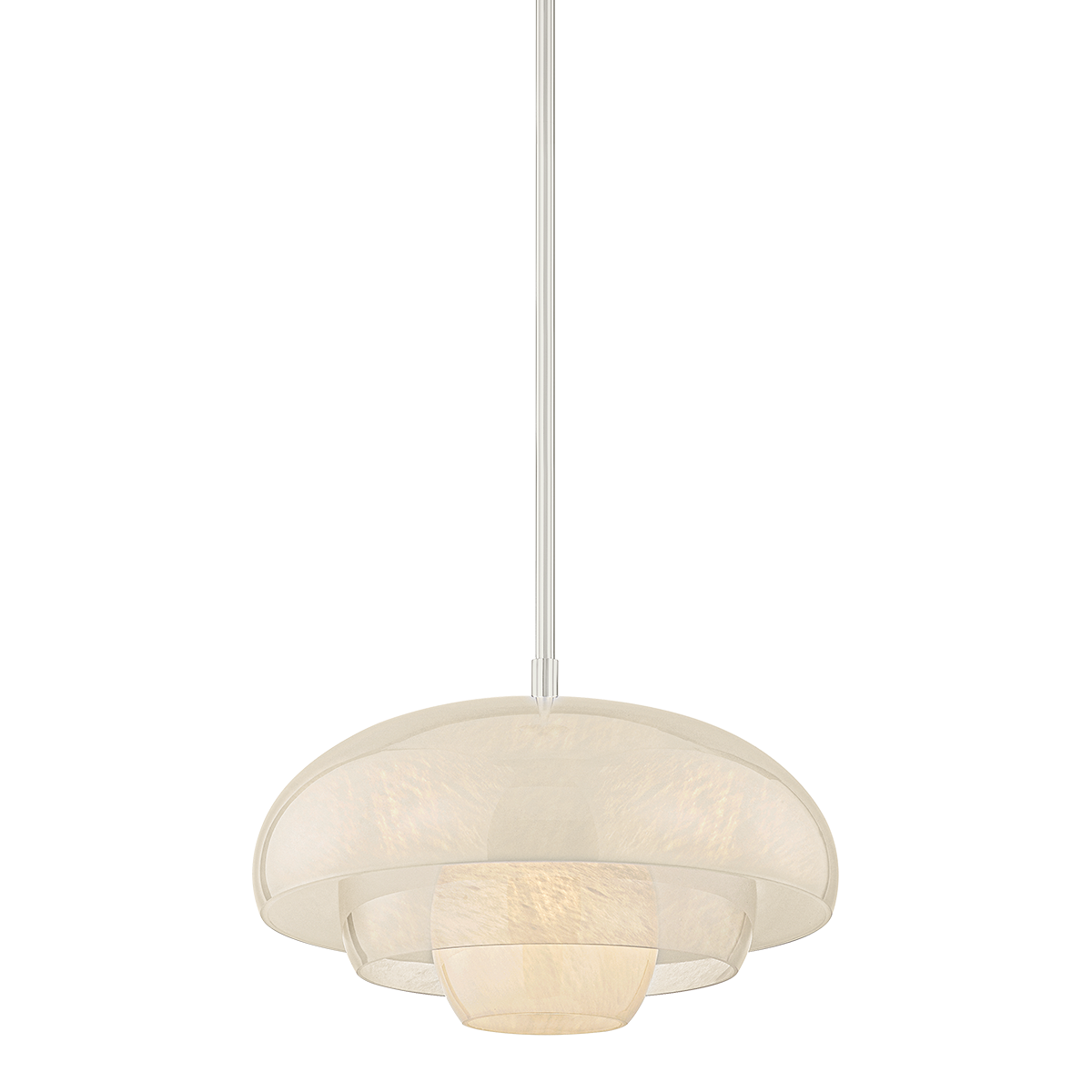Auburndale Pendant in polished nickel shown from a second angle to highlight the shade shape and metal detail.