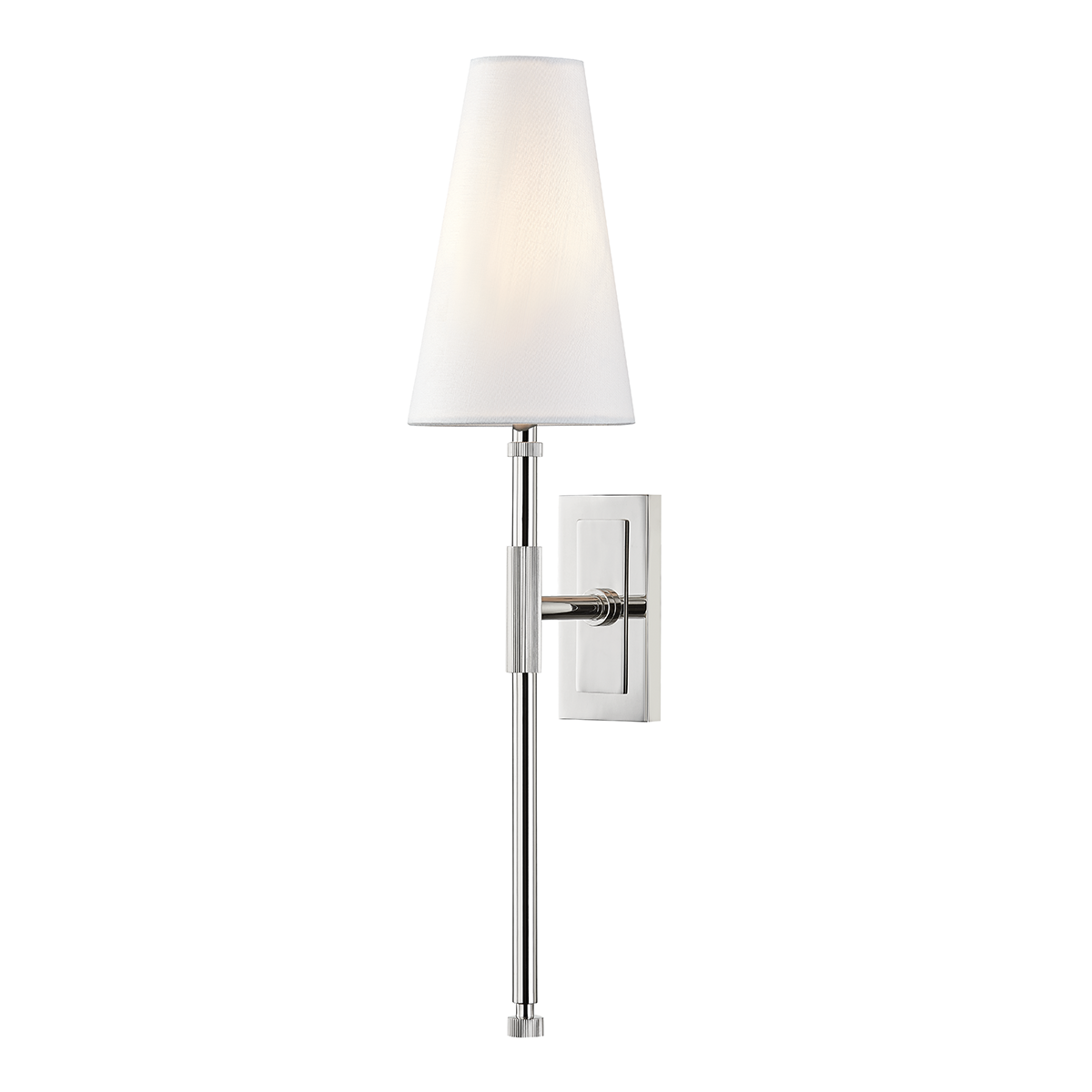 Bowery Wall Sconce 5" in polished nickel shown from a second angle to highlight the arm curve and shade silhouette.