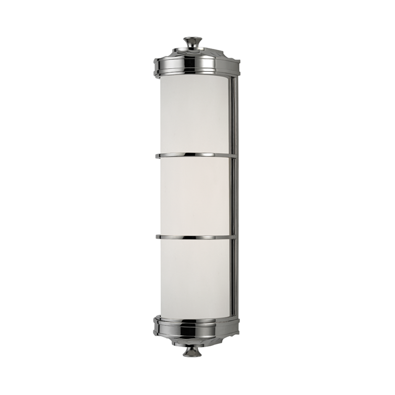 Albany Wall Sconce 4.75" x 19.5" in polished nickel shown from a second angle to highlight the arm curve and shade silhouette.