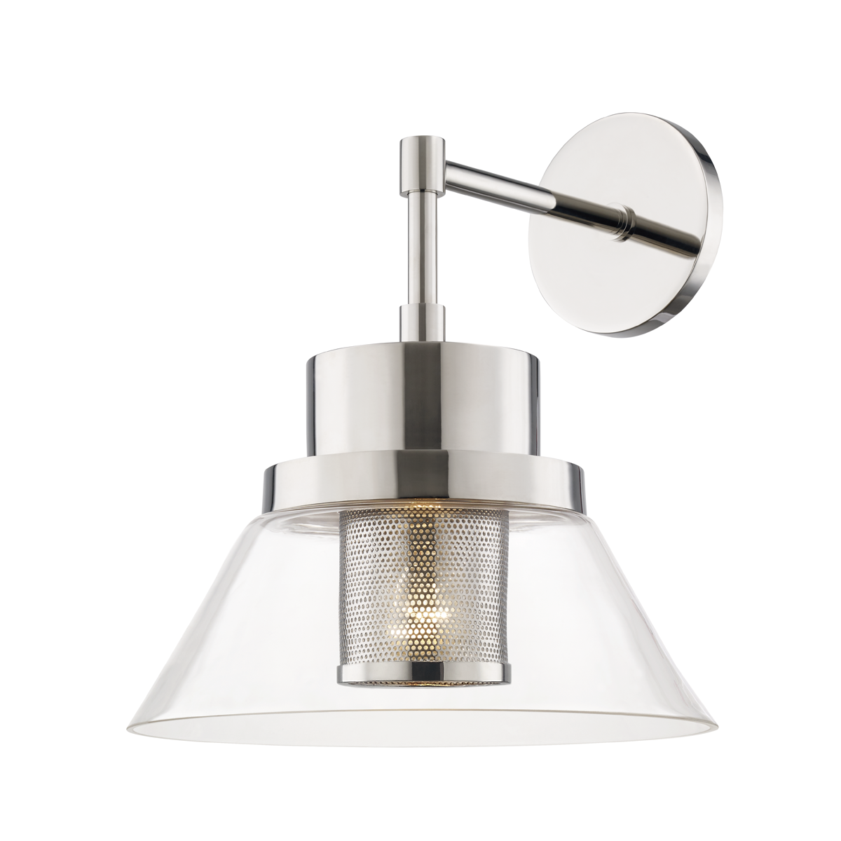 Paoli Wall Sconce in polished nickel shown from a second angle to highlight the arm curve and shade silhouette.