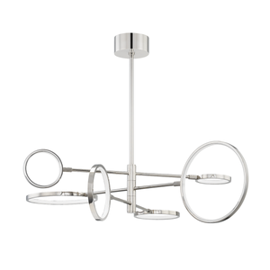Saturn Chandelier in Aged Brass shown from the front to reveal the frame, arms, and shade detail.