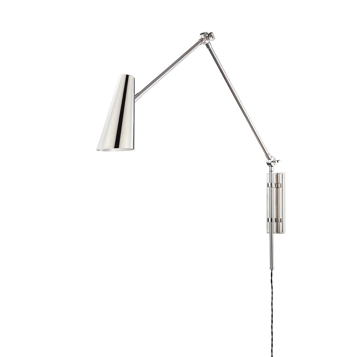 Lorne Plug-In Sconce in polished nickel shown from the front to reveal the arm profile and shade silhouette.