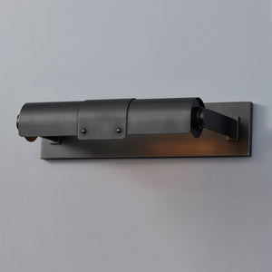 Close-up of the Oneonta Picture Light 15.25" in dark bronze showing the arm curve and shade proportion.