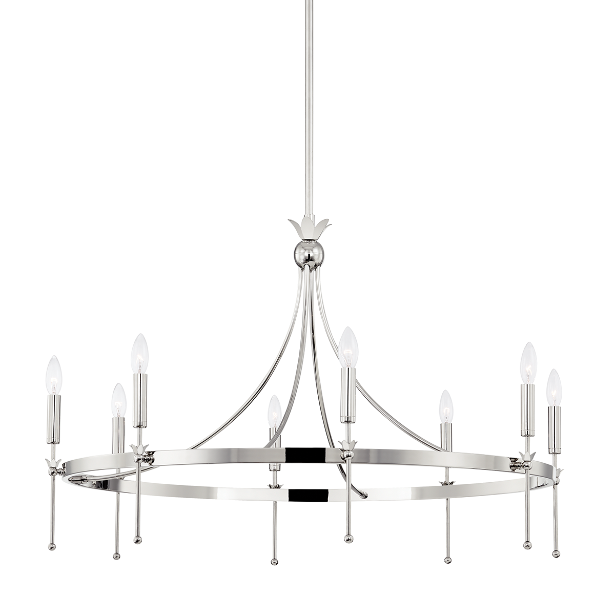 Gates Chandelier 38.5" in polished nickel shown from a second angle to highlight the frame, arms, and shade detail.