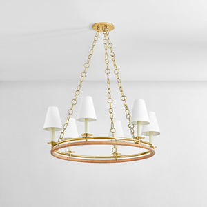 Swanton Chandelier 31" in aged brass shown from a second angle to highlight the frame, arms, and shade detail.