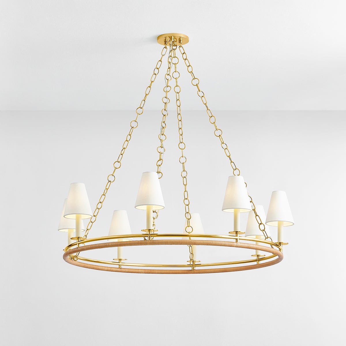 Swanton Chandelier 43" in aged brass shown from the front to reveal the frame, arms, and shade detail.