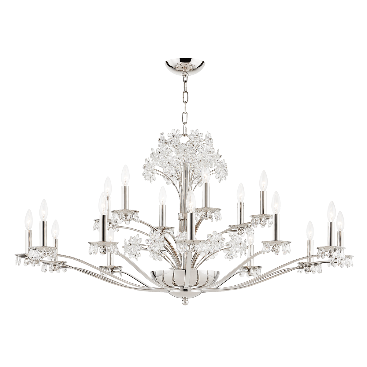 Beaumont Chandelier 48" in polished nickel shown from a second angle to highlight the frame, arms, and shade detail.