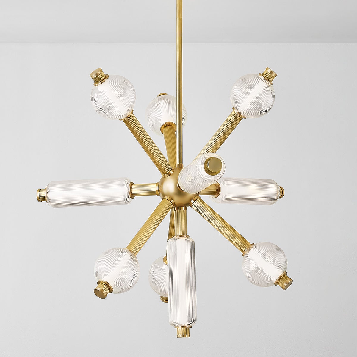 Atom Chandelier 36" shown from the front to reveal the frame, arms, and shade detail.