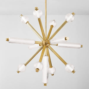 Close-up of the Atom Chandelier 50" showing the frame, arms, and shade detail.