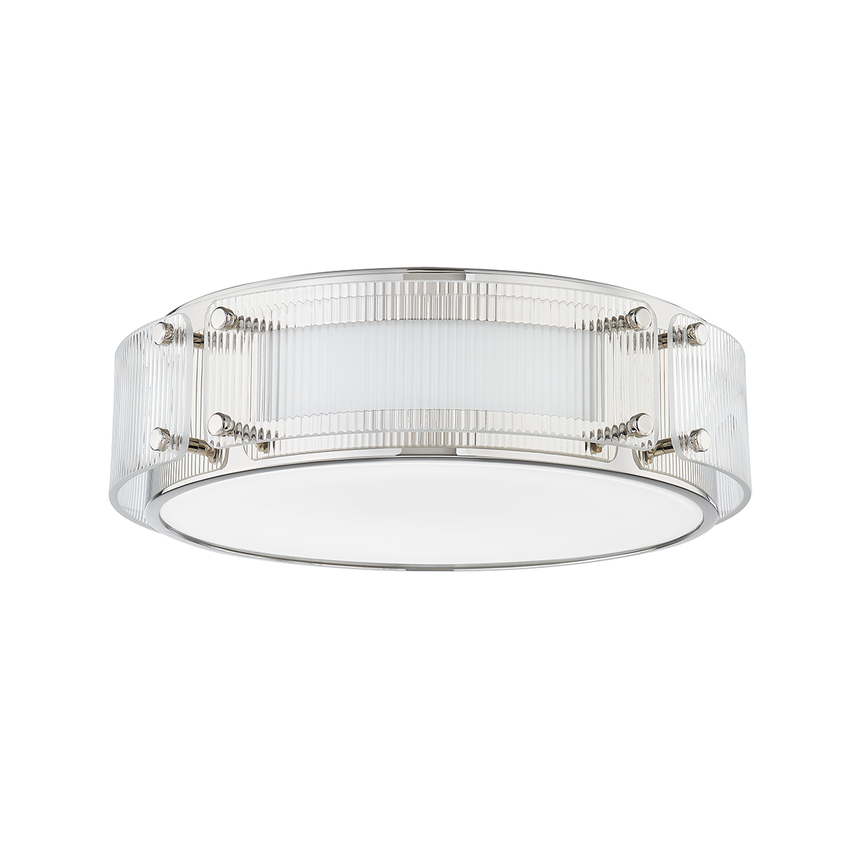Clifford Flush Mount in polished nickel shown from a second angle to highlight the shade profile and mounting canopy.