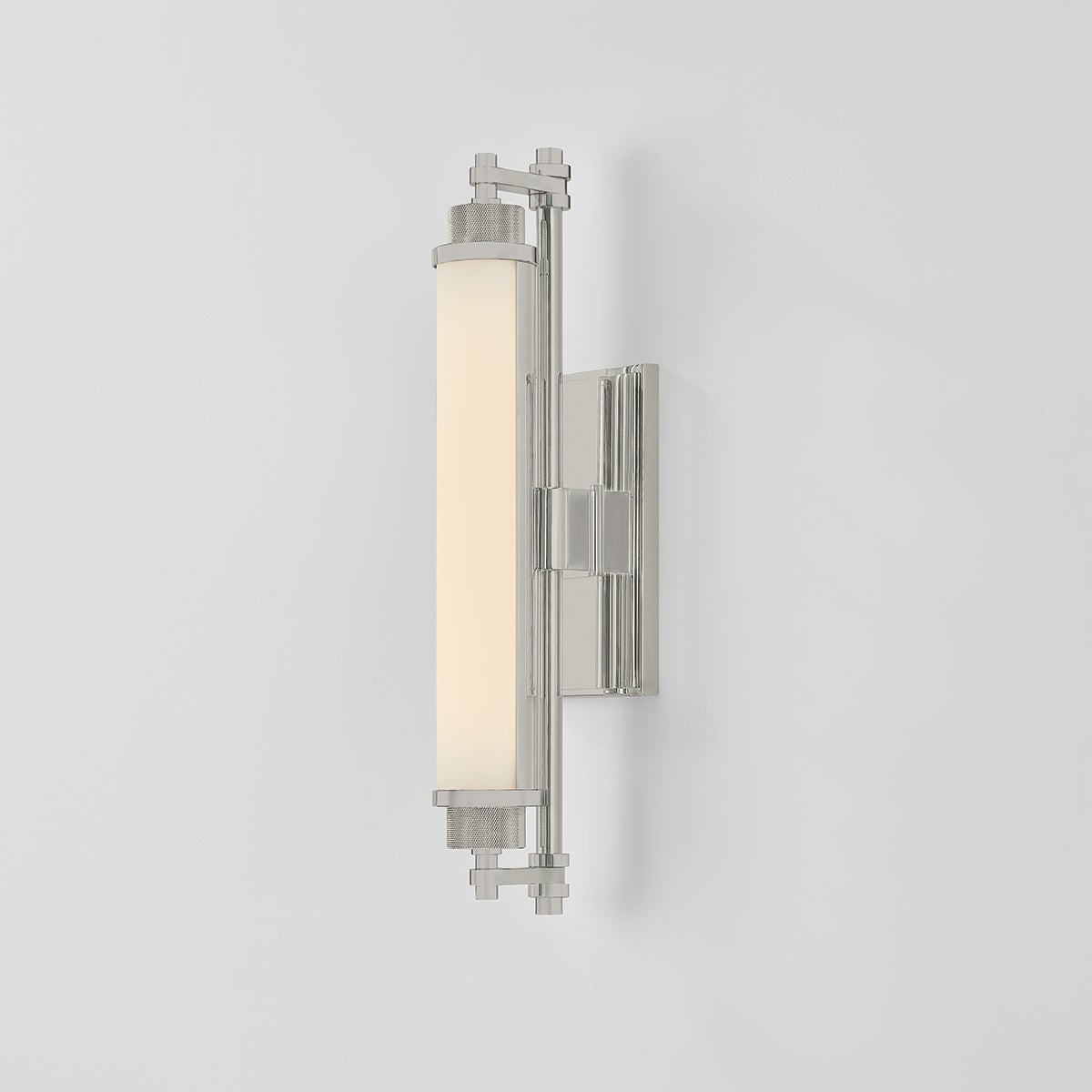 Close-up of the Plandome Bath And Vanity 4.25" x 18" in polished nickel showing the arm spread and shade silhouette.