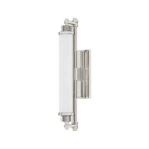 Plandome Bath And Vanity 4.25" x 18" in polished nickel shown from a second angle to highlight the arm spread and shade silhouette.