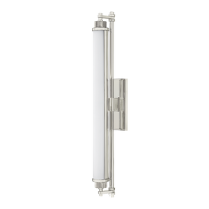 Plandome Bath And Vanity 4.25" x 28" in polished nickel shown from a second angle to highlight the arm spread and shade silhouette.