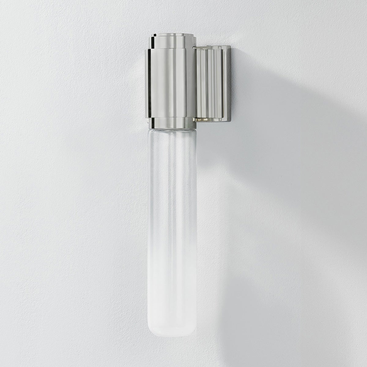 Colrain Wall Sconce 5.25" x 17.5" in polished nickel shown from a second angle to highlight the arm curve and shade silhouette.