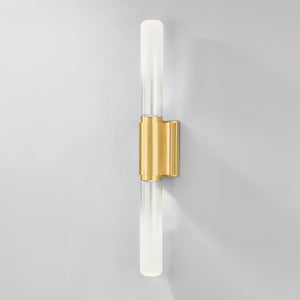 Close-up of the Colrain Wall Sconce 5.25" x 31.75" in aged brass showing the arm curve and shade silhouette.