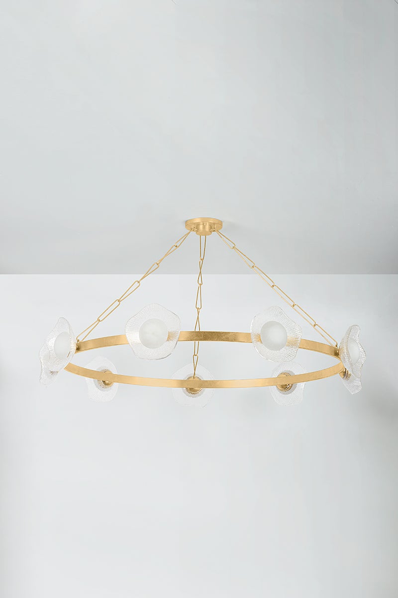 Almandine Chandelier 60.75" x 10" shown from a second angle to highlight the frame, arms, and shade detail.