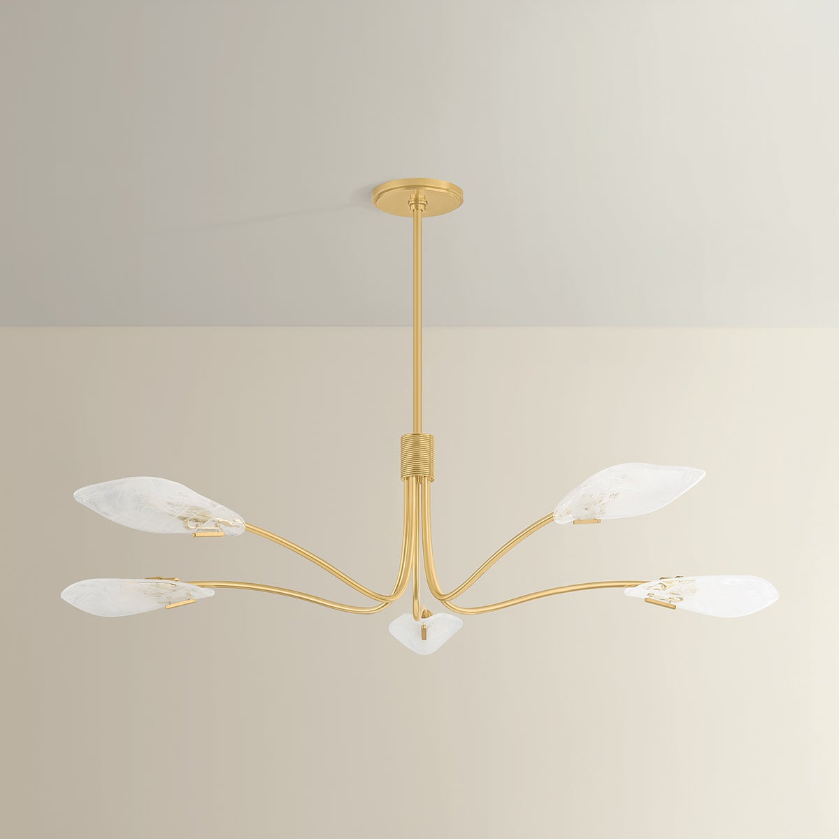 Tenafly Chandelier 56" in aged brass shown from the front to reveal the frame, arms, and shade detail.