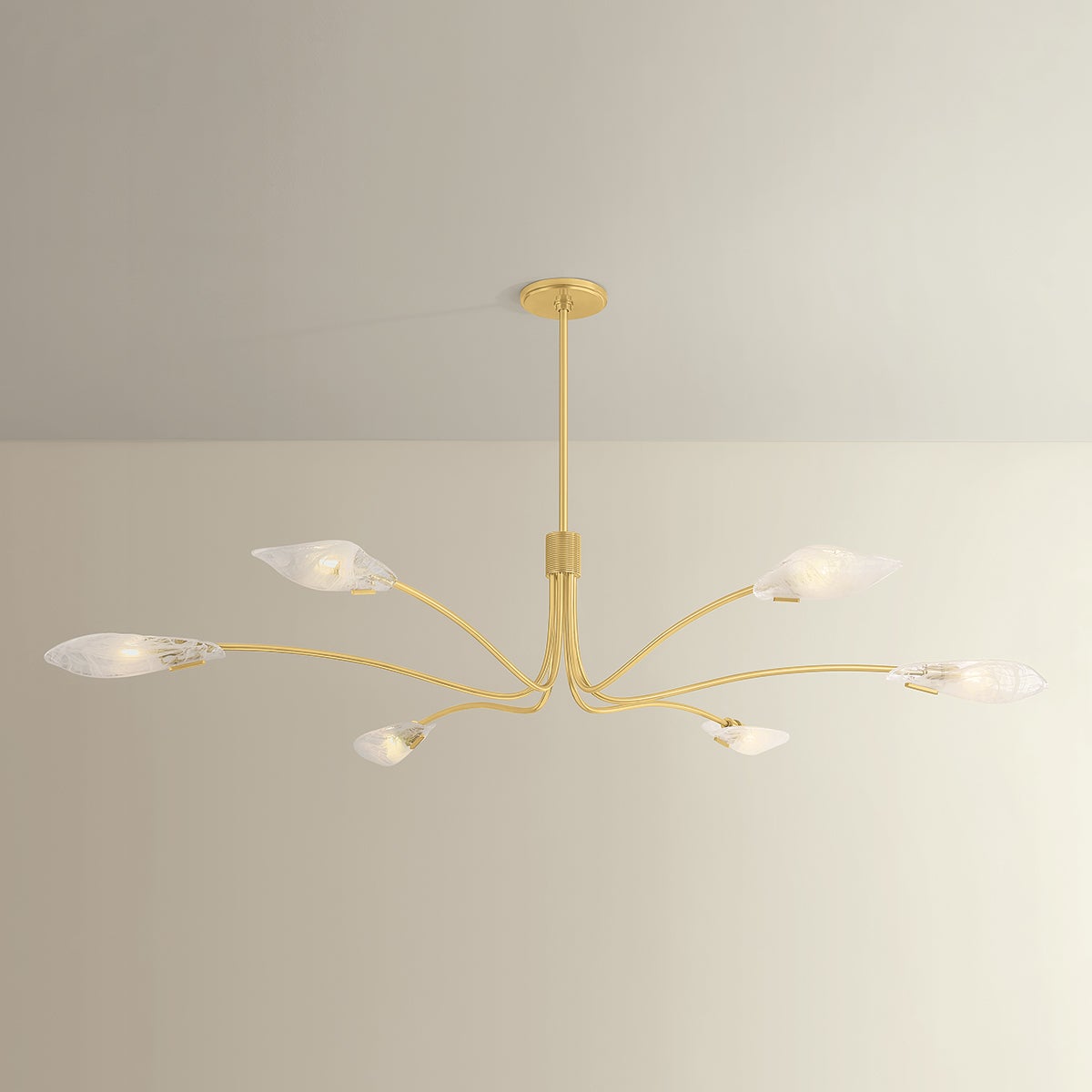 Close-up of the Tenafly Chandelier 72" in aged brass showing the frame, arms, and shade detail.