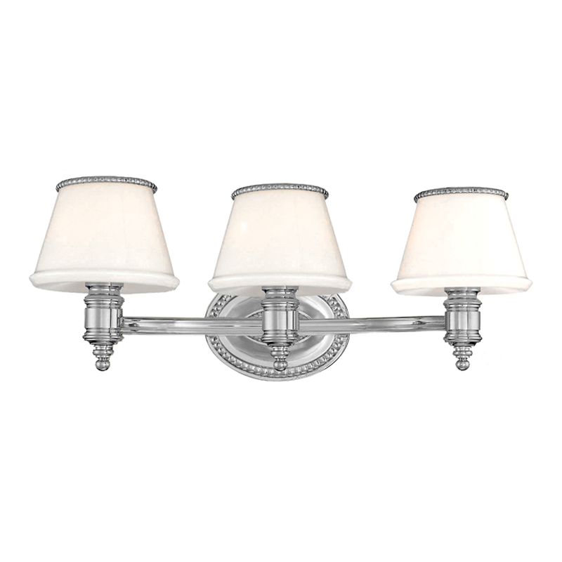 Richmond Bath And Vanity 23.75" in polished nickel shown from a second angle to highlight the arm spread and shade silhouette.