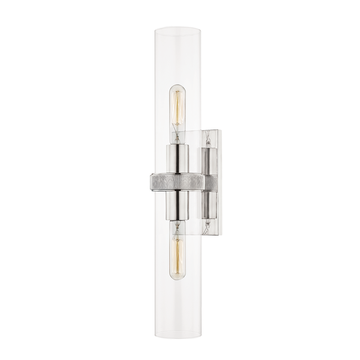 Briggs Wall Sconce 4.5" x 23" in polished nickel shown from the front to reveal the arm curve and shade silhouette.