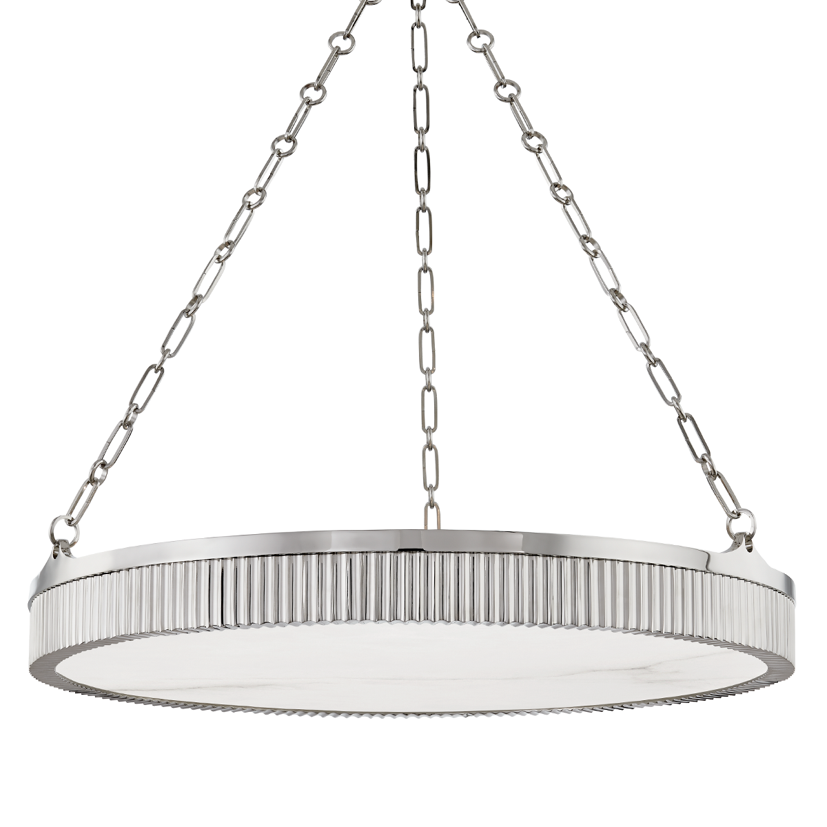 Close-up of the Lynden Chandelier 30" in polished nickel showing the frame, arms, and shade detail.