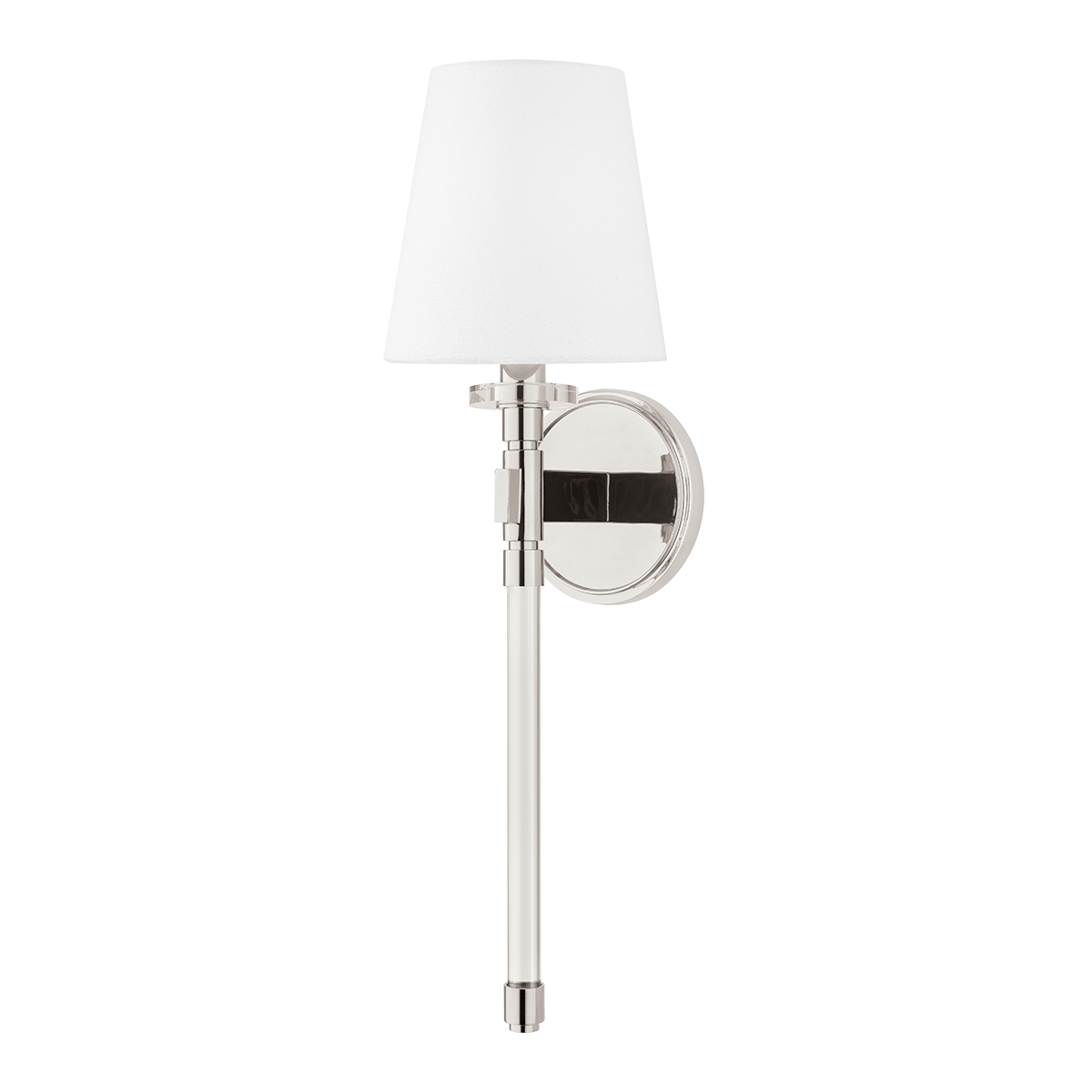 Blixen Wall Sconce in polished nickel shown from a second angle to highlight the arm curve and shade silhouette.