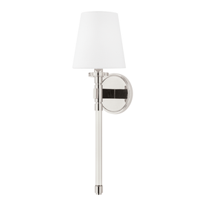Blixen Wall Sconce in polished nickel shown from a second angle to highlight the arm curve and shade silhouette.