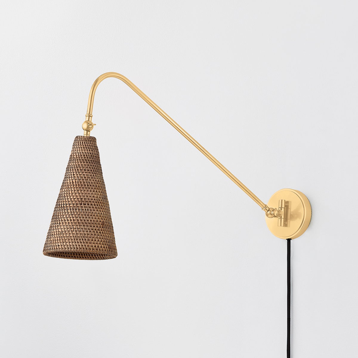 Averack Plug-In Sconce in aged brass — a Hudson Valley plug-in sconce for bedrooms, living rooms, and reading nooks at Laurie Yapp Home.
