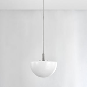 Lethbridge Pendant 11" in polished nickel shown from the front to reveal the shade shape and metal detail.
