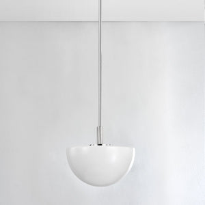 Close-up of the Lethbridge Pendant 15" in polished nickel showing the shade shape and metal detail.