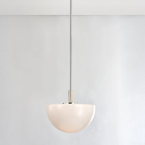 Close-up of the Lethbridge Pendant 15" in polished nickel showing the shade shape and metal detail.