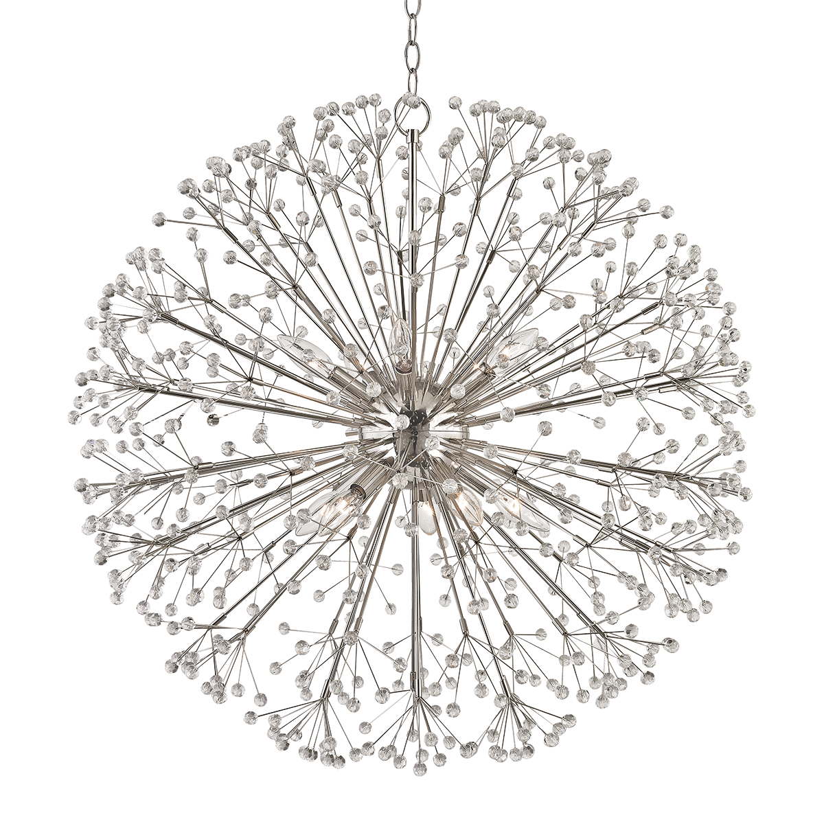 Dunkirk Chandelier 30" in polished nickel shown from a second angle to highlight the frame, arms, and shade detail.