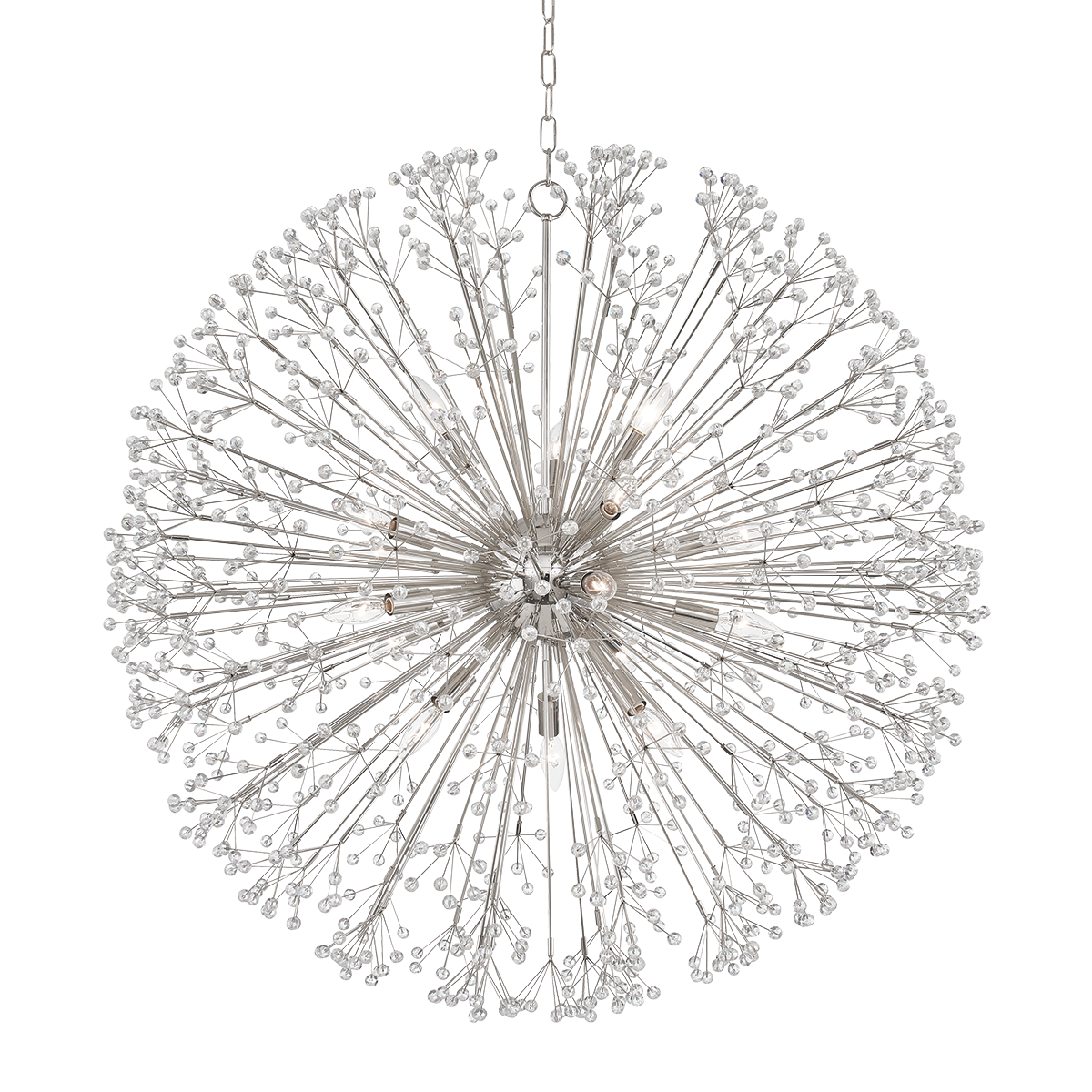 Dunkirk Chandelier 40" in polished nickel shown from a second angle to highlight the frame, arms, and shade detail.