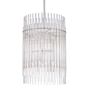 Wallis Chandelier in polished nickel shown from a second angle to highlight the frame, arms, and shade detail.