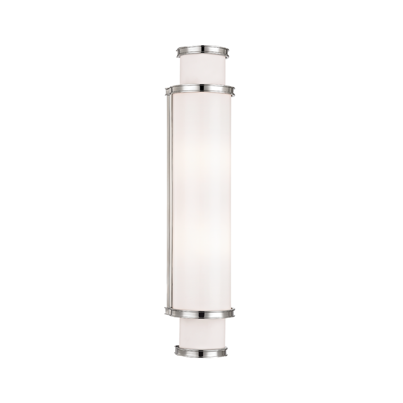 Malcolm Bath And Vanity 4.75" x 19" in polished nickel shown from a second angle to highlight the arm spread and shade silhouette.