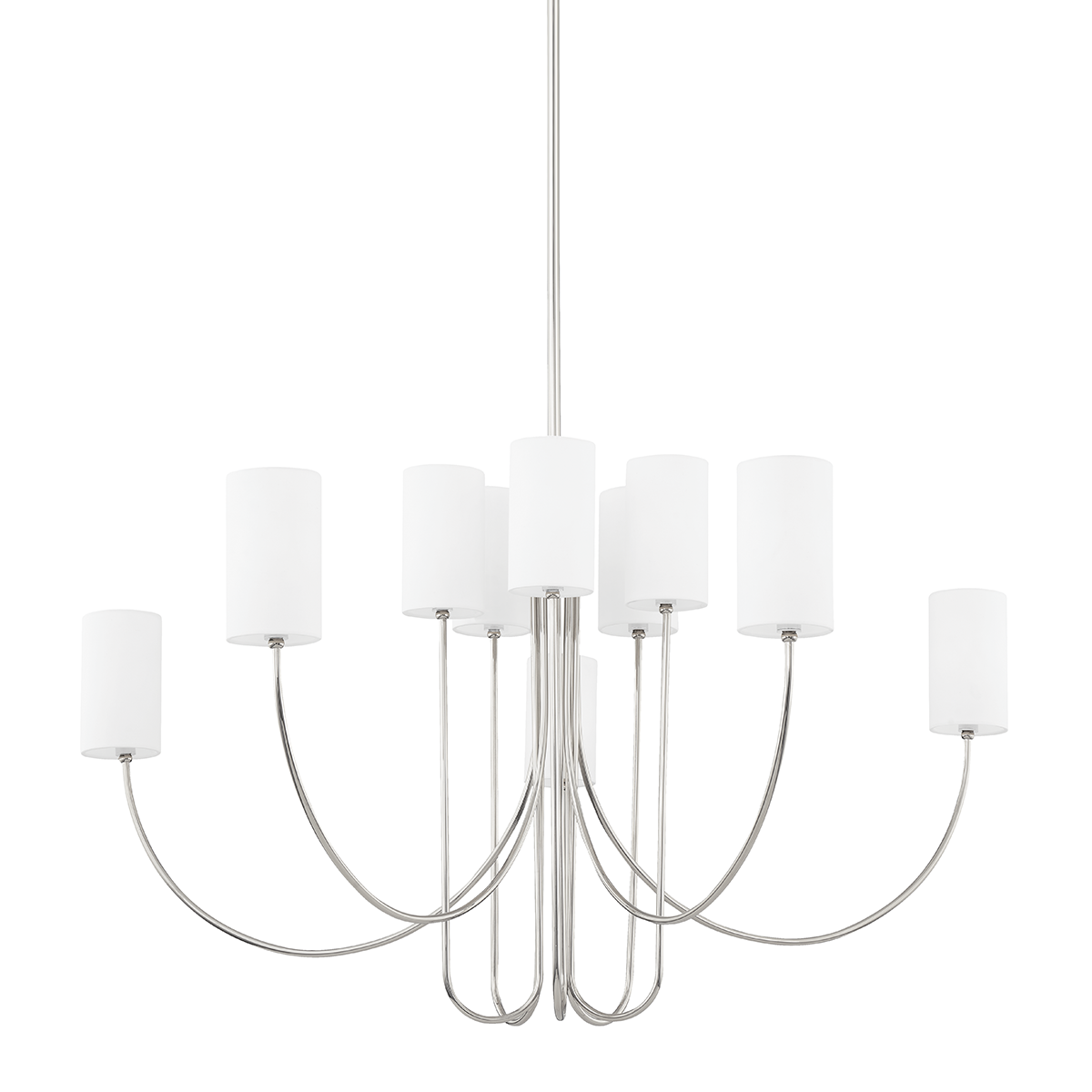 Harlem Chandelier 48.25" in polished nickel shown from the front to reveal the frame, arms, and shade detail.