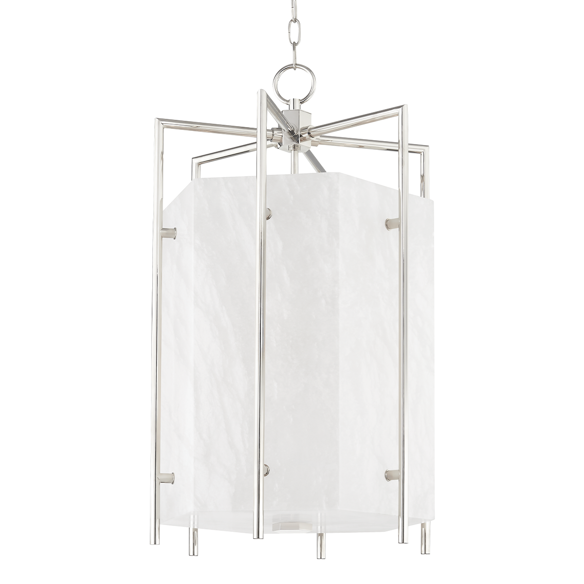 Flatbush Lantern in polished nickel shown from a second angle to highlight the frame and glass panel detail.