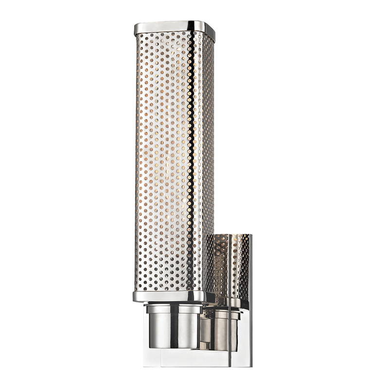 Gibbs Wall Sconce 4.5" x 12.5" in polished nickel shown from a second angle to highlight the arm curve and shade silhouette.
