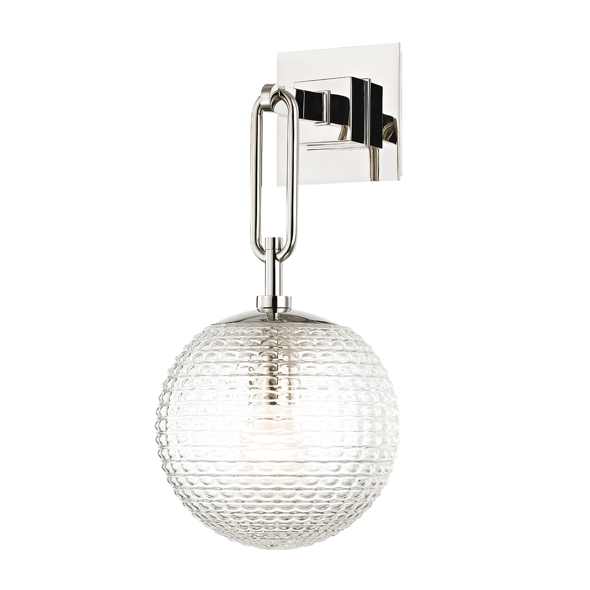 Jewett Wall Sconce in polished nickel shown from a second angle to highlight the arm curve and shade silhouette.