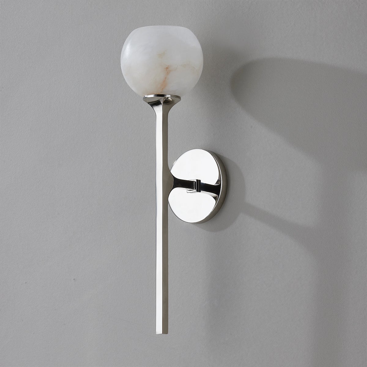Close-up of the Melton Wall Sconce 1-Light 5" x 18.5" in polished nickel showing the arm curve and shade silhouette.