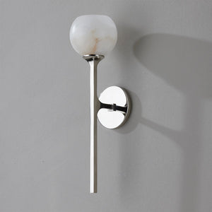 Close-up of the Melton Wall Sconce 1-Light 5" x 18.5" in polished nickel showing the arm curve and shade silhouette.