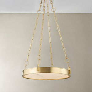 Close-up of the Kirby Chandelier 20" x 3.5" in aged brass showing the frame, arms, and shade detail.