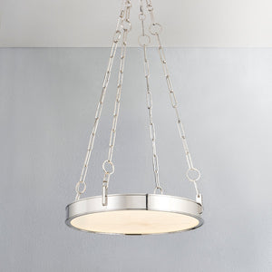 Close-up of the Kirby Chandelier 20" x 3.5" in polished nickel showing the frame, arms, and shade detail.
