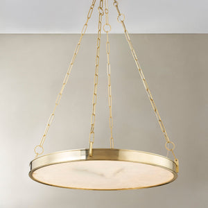 Close-up of the Kirby Chandelier 30" x 3.5" in aged brass showing the frame, arms, and shade detail.
