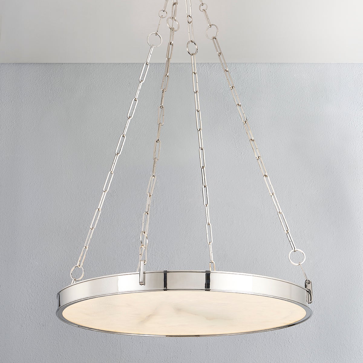 Close-up of the Kirby Chandelier 30" x 3.5" in polished nickel showing the frame, arms, and shade detail.